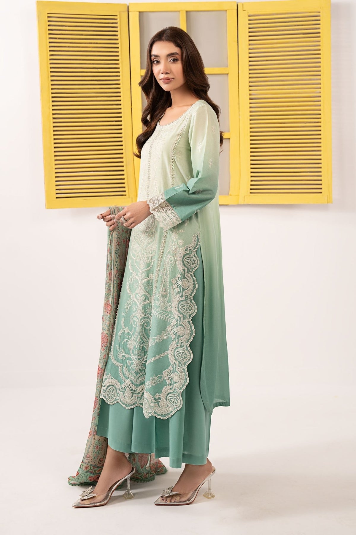 Maria B | RTW | 3 Piece Embroidered Dobby Lawn Suit-Brand:Maria B-Type:Luxury Pret-Green - House of Maryam- Buy in UK, USA