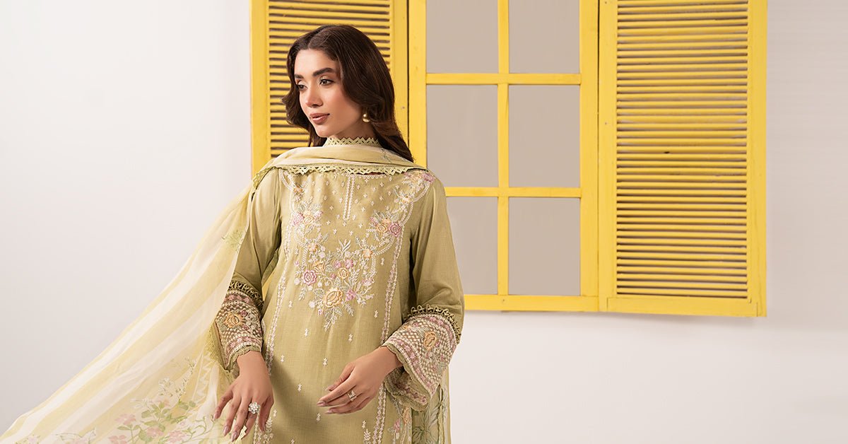 Maria B | RTW | 3 Piece Embroidered Dobby Lawn Suit-Brand:Maria B-Type:Luxury Pret-Green - House of Maryam- Buy in UK, USA