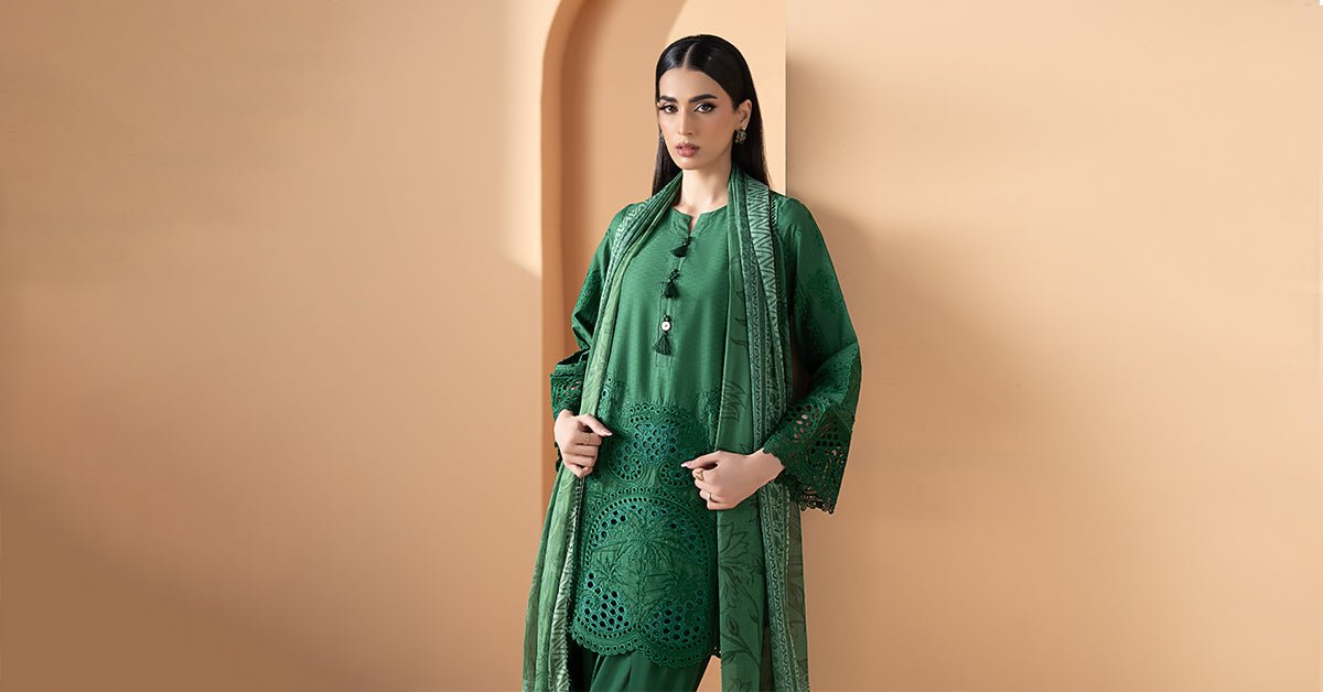Maria B | RTW | 3 Piece Embroidered Dobby Lawn Suit-Brand:Maria B-Type:Luxury Pret-Green - House of Maryam- Buy in UK, USA