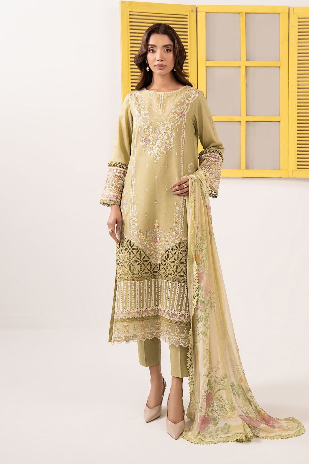 Maria B | RTW | 3 Piece Embroidered Dobby Lawn Suit-Brand:Maria B-Type:Luxury Pret-Green - House of Maryam- Buy in UK, USA