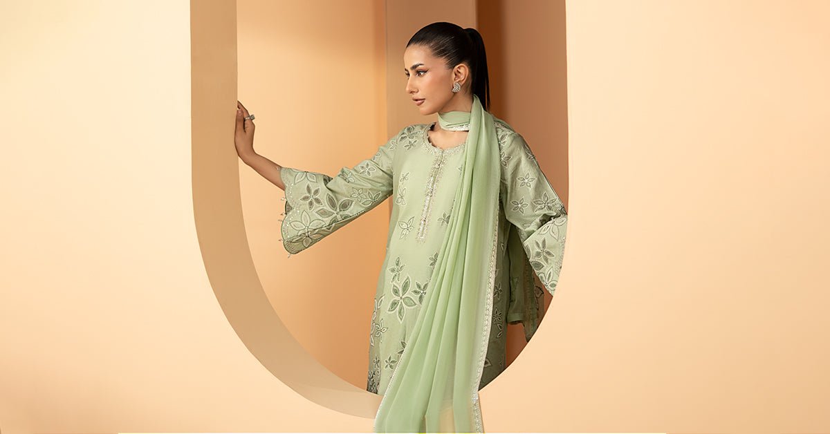 Maria B | RTW | 3 Piece Embroidered Dobby Lawn Suit-Brand:Maria B-Type:Luxury Pret-Green - House of Maryam- Buy in UK, USA