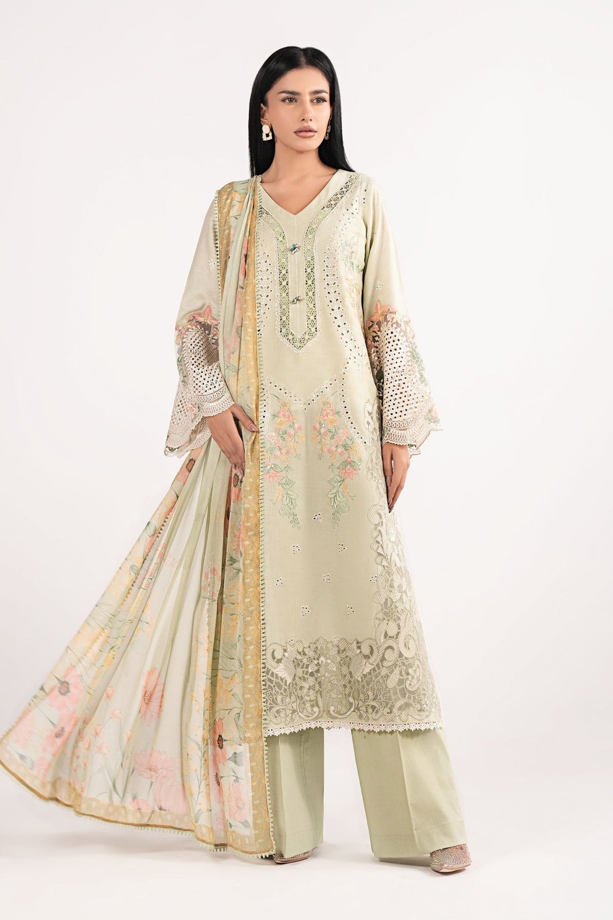 Maria B | RTW | 3 Piece Embroidered Dobby Lawn Suit-Brand:Maria B-Type:Luxury Pret-Green - House of Maryam- Buy in UK, USA