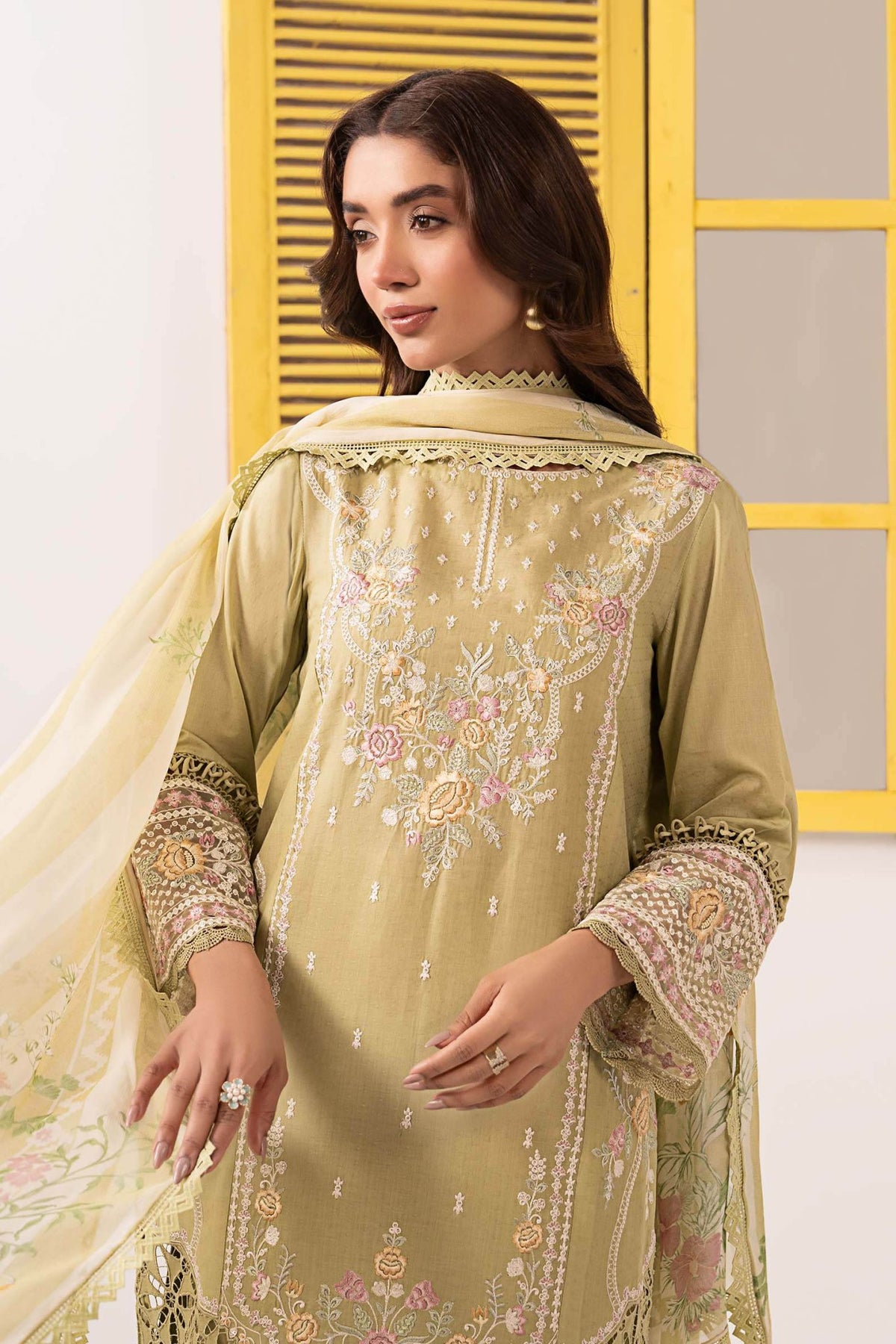 Maria B | RTW | 3 Piece Embroidered Dobby Lawn Suit-Brand:Maria B-Type:Luxury Pret-Green - House of Maryam- Buy in UK, USA