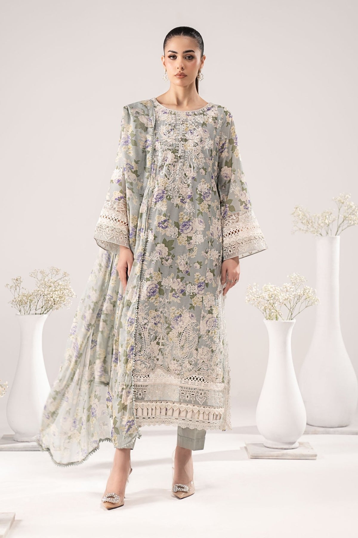 Maria B | RTW | 3 Piece Embroidered Dobby Lawn Suit-Brand:Maria B-Type:Luxury Pret-Green - House of Maryam- Buy in UK, USA