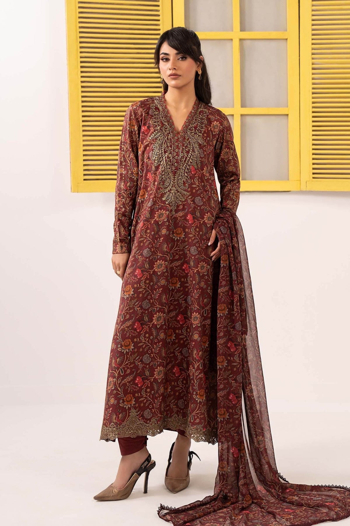 Maria B | RTW | 3 Piece Embroidered Dobby Lawn Suit-Brand:Maria B-Type:Luxury Pret-Maroon - House of Maryam- Buy in UK, USA