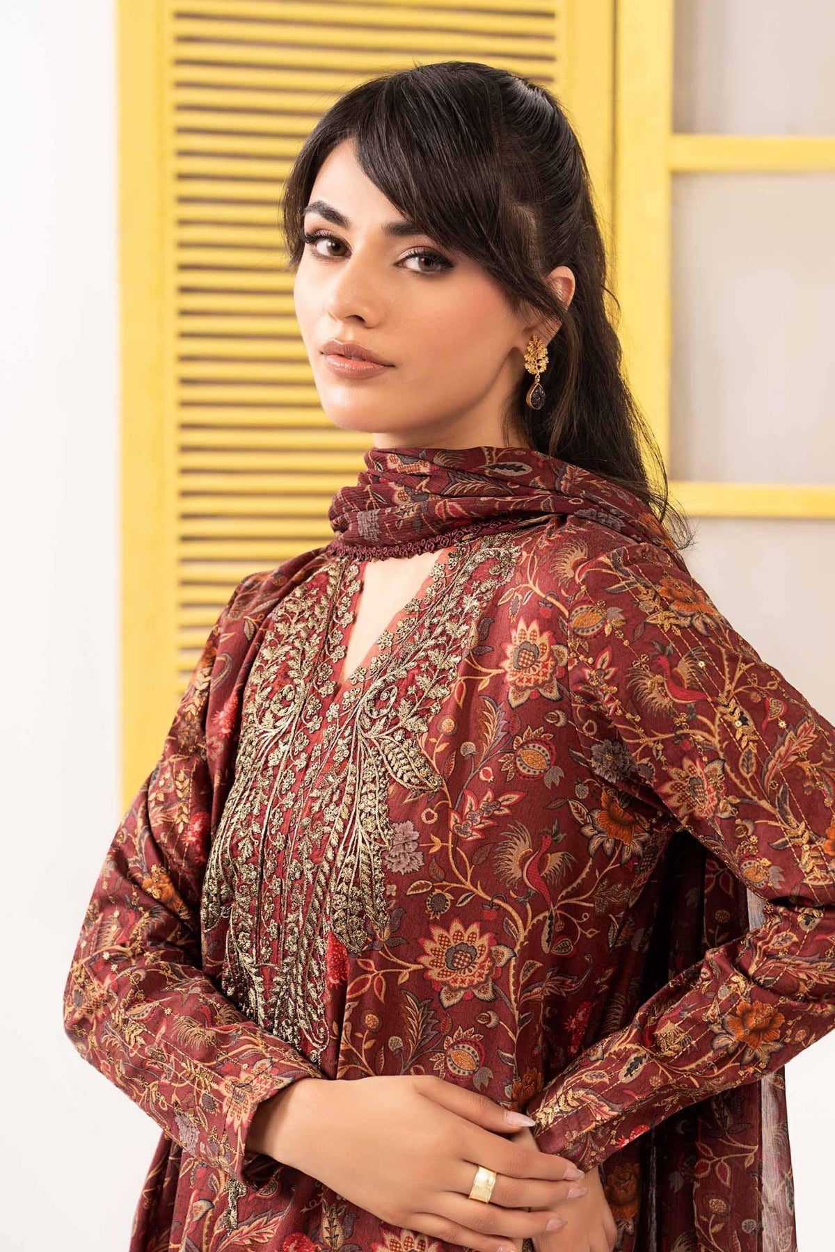 Maria B | RTW | 3 Piece Embroidered Dobby Lawn Suit-Brand:Maria B-Type:Luxury Pret-Maroon - House of Maryam- Buy in UK, USA