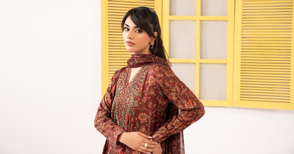 Maria B | RTW | 3 Piece Embroidered Dobby Lawn Suit-Brand:Maria B-Type:Luxury Pret-Maroon - House of Maryam- Buy in UK, USA