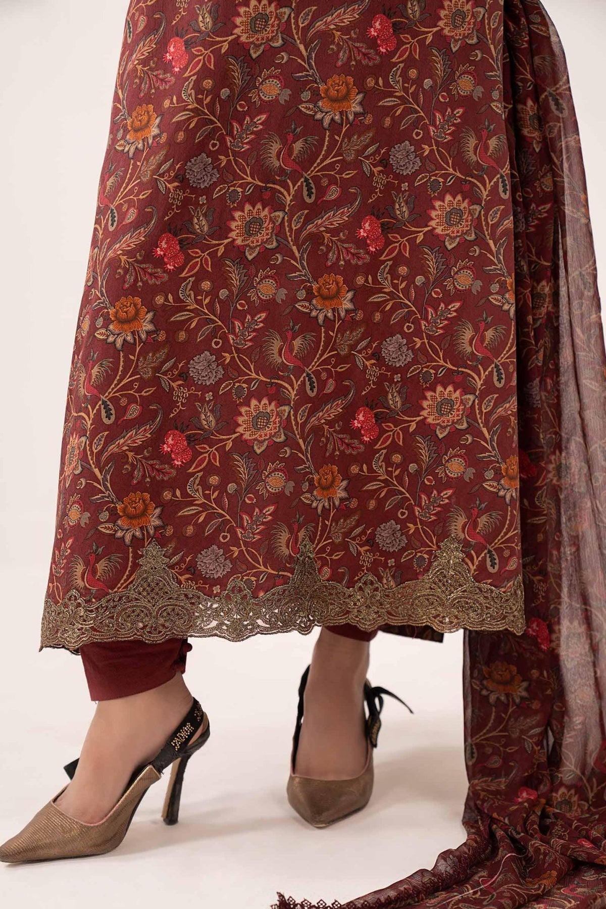 Maria B | RTW | 3 Piece Embroidered Dobby Lawn Suit-Brand:Maria B-Type:Luxury Pret-Maroon - House of Maryam- Buy in UK, USA