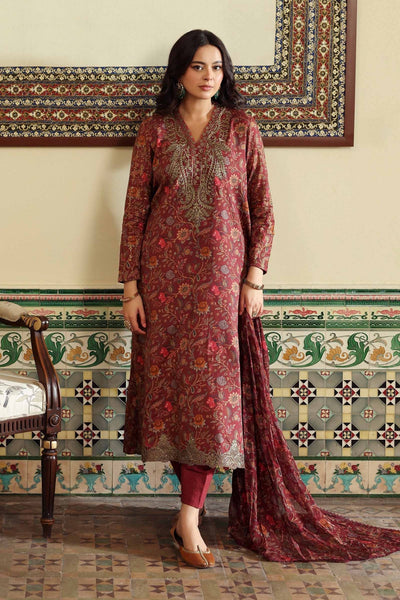 Maria B | RTW | 3 Piece Embroidered Dobby Lawn Suit-Brand:Maria B-Type:Luxury Pret-Maroon - House of Maryam- Buy in UK, USA