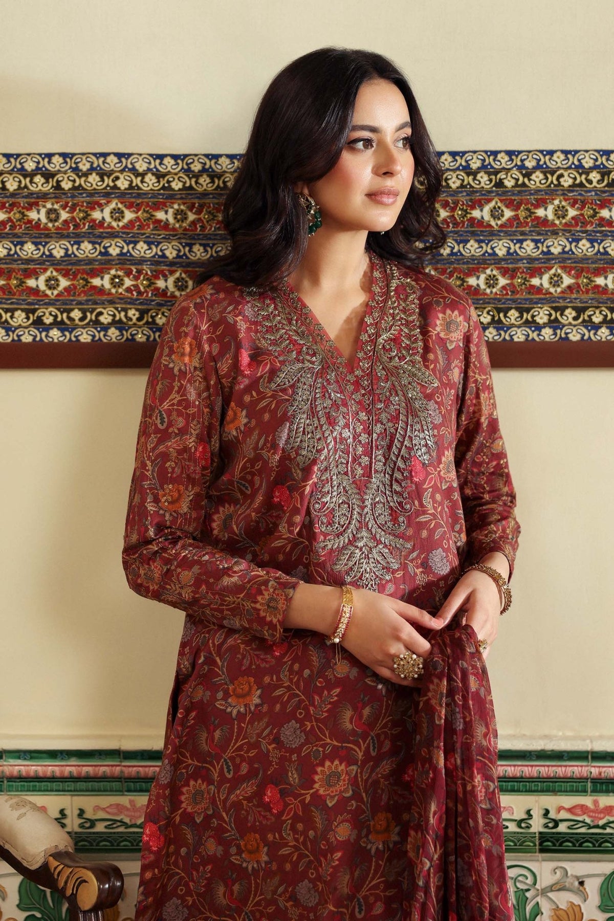 Maria B | RTW | 3 Piece Embroidered Dobby Lawn Suit-Brand:Maria B-Type:Luxury Pret-Maroon - House of Maryam- Buy in UK, USA