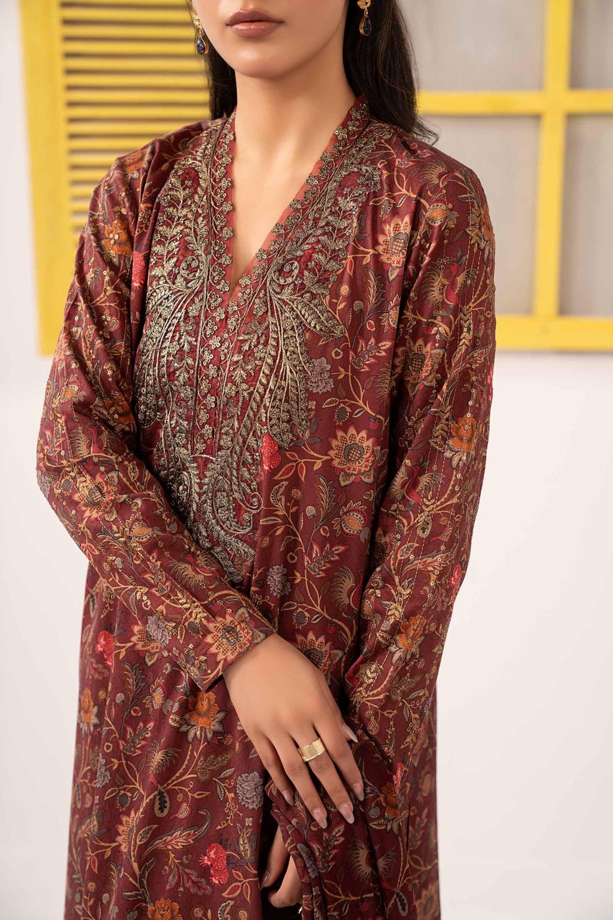 Maria B | RTW | 3 Piece Embroidered Dobby Lawn Suit-Brand:Maria B-Type:Luxury Pret-Maroon - House of Maryam- Buy in UK, USA