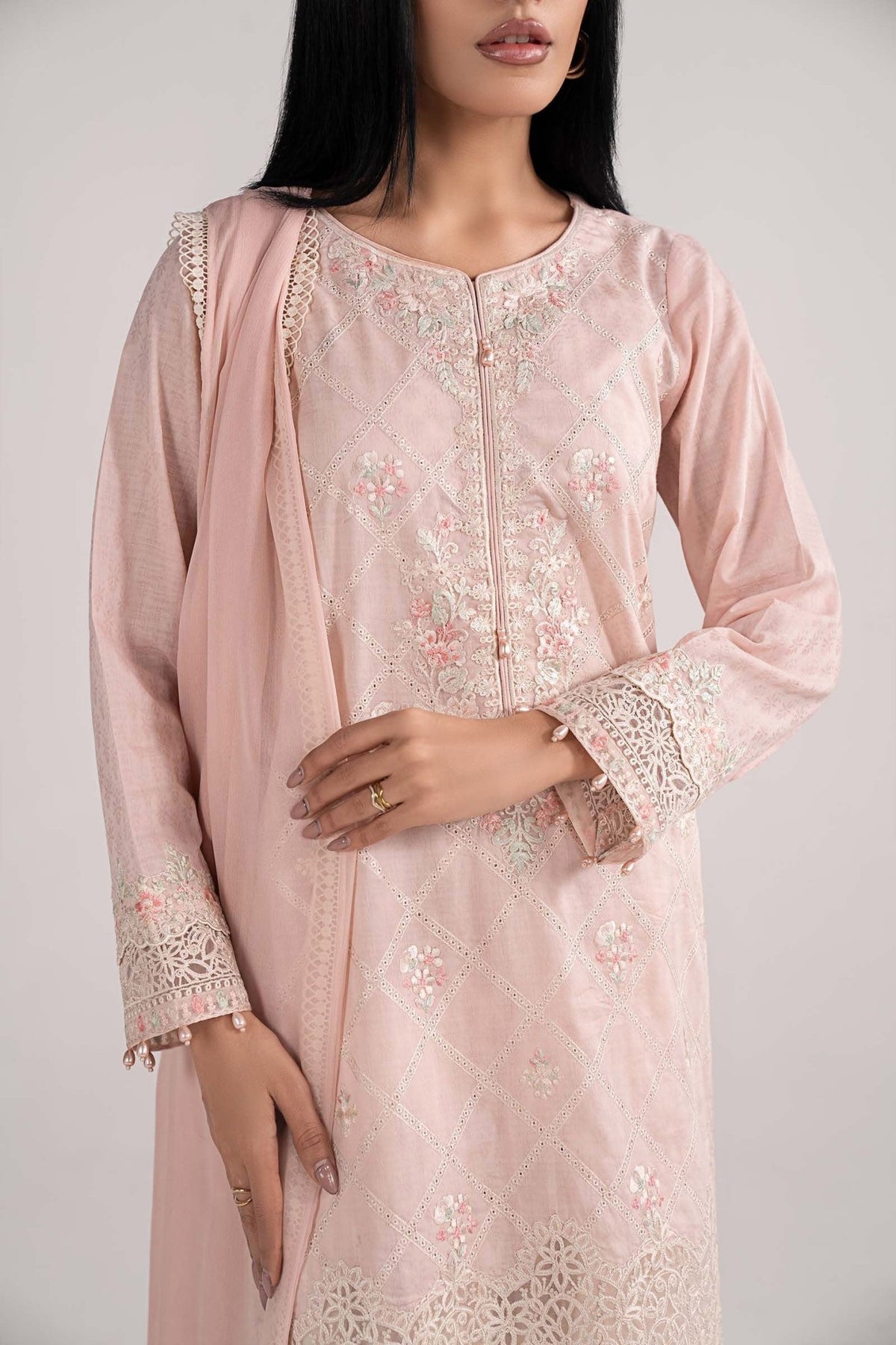 Maria B | RTW | 3 Piece Embroidered Dobby Lawn Suit-Brand:Maria B-Type:Luxury Pret-Pink - House of Maryam- Buy in UK, USA