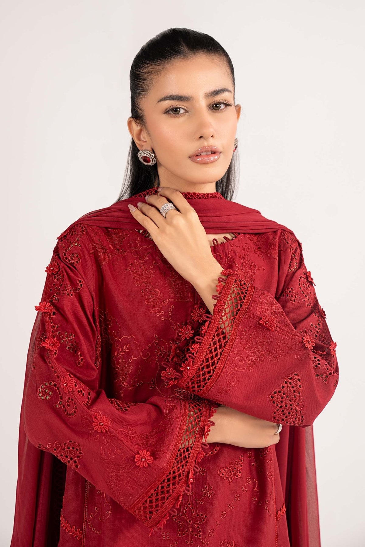 Maria B | RTW | 3 Piece Embroidered Dobby Lawn Suit-Brand:Maria B-Type:Luxury Pret-Red - House of Maryam- Buy in UK, USA