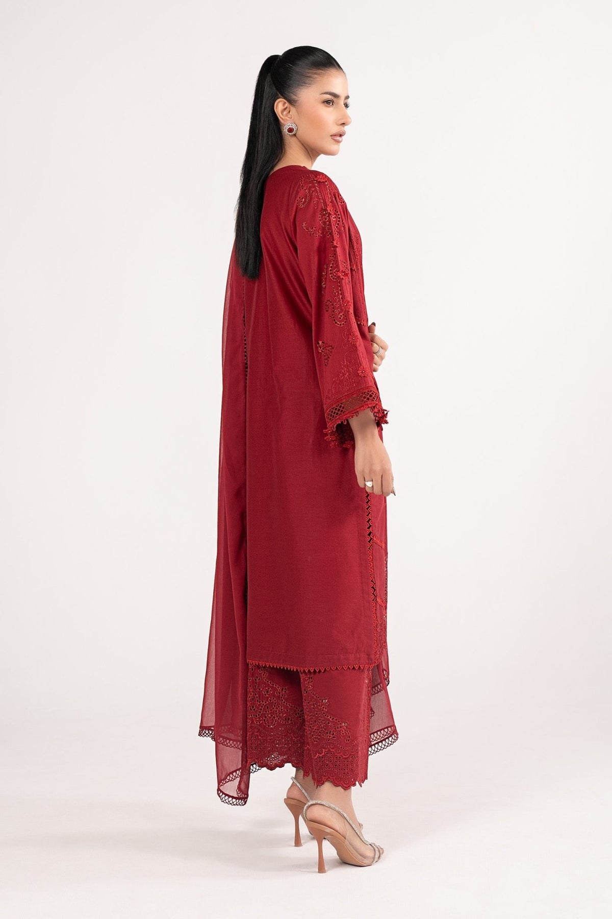 Maria B | RTW | 3 Piece Embroidered Dobby Lawn Suit-Brand:Maria B-Type:Luxury Pret-Red - House of Maryam- Buy in UK, USA