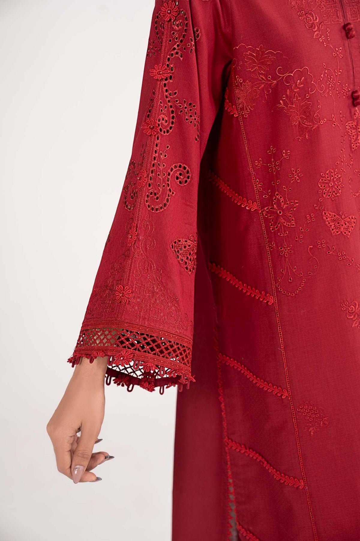 Maria B | RTW | 3 Piece Embroidered Dobby Lawn Suit-Brand:Maria B-Type:Luxury Pret-Red - House of Maryam- Buy in UK, USA
