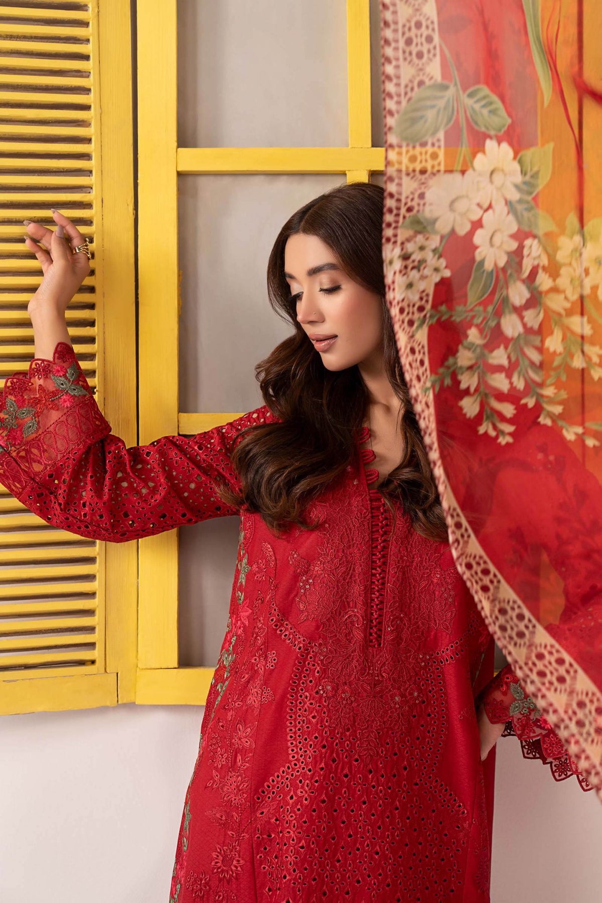Maria B | RTW | 3 Piece Embroidered Dobby Lawn Suit-Brand:Maria B-Type:Luxury Pret-Red - House of Maryam- Buy in UK, USA