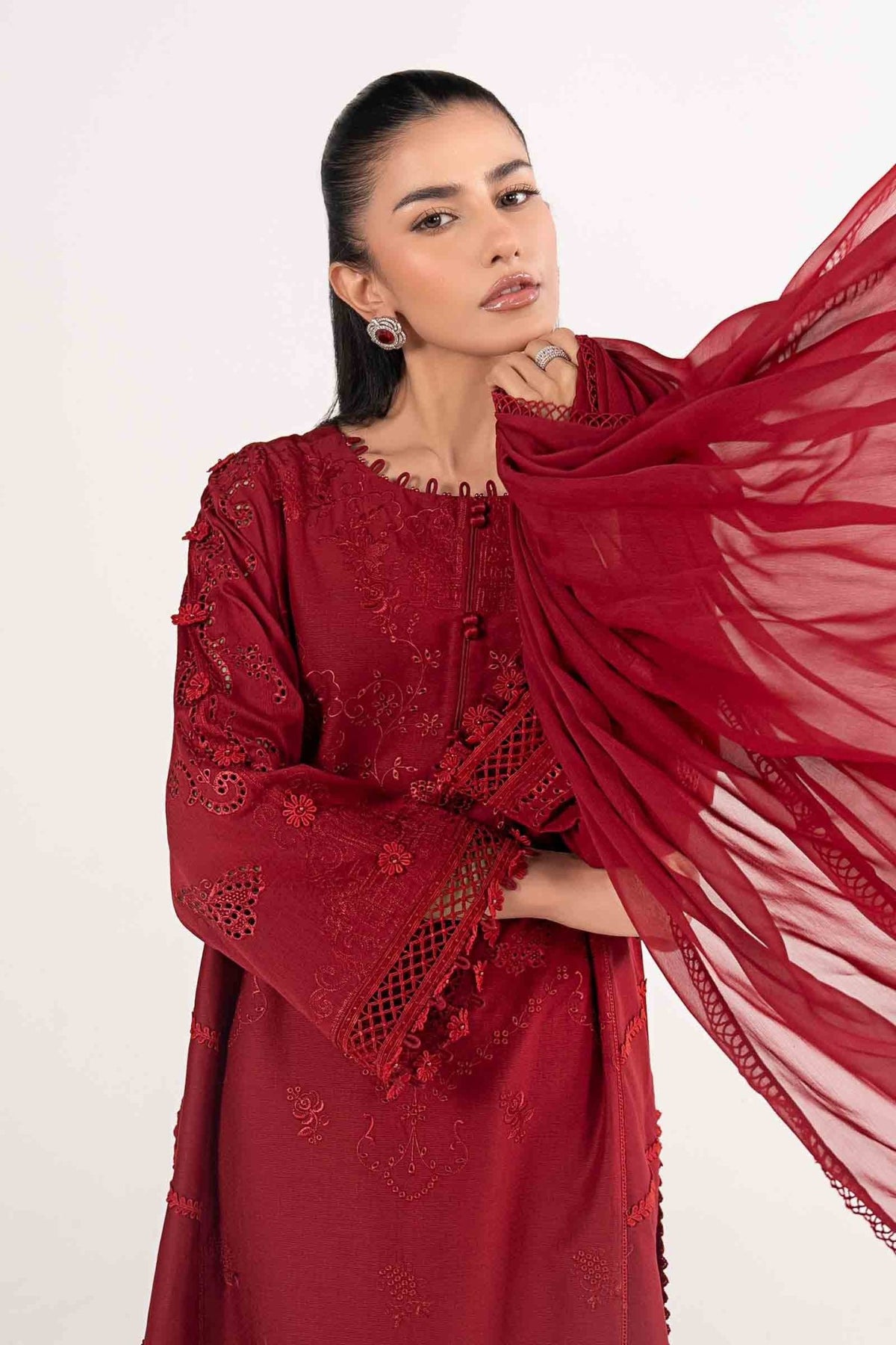 Maria B | RTW | 3 Piece Embroidered Dobby Lawn Suit-Brand:Maria B-Type:Luxury Pret-Red - House of Maryam- Buy in UK, USA