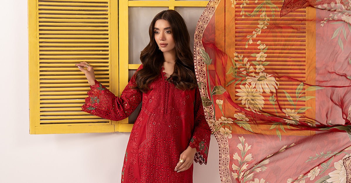 Maria B | RTW | 3 Piece Embroidered Dobby Lawn Suit-Brand:Maria B-Type:Luxury Pret-Red - House of Maryam- Buy in UK, USA