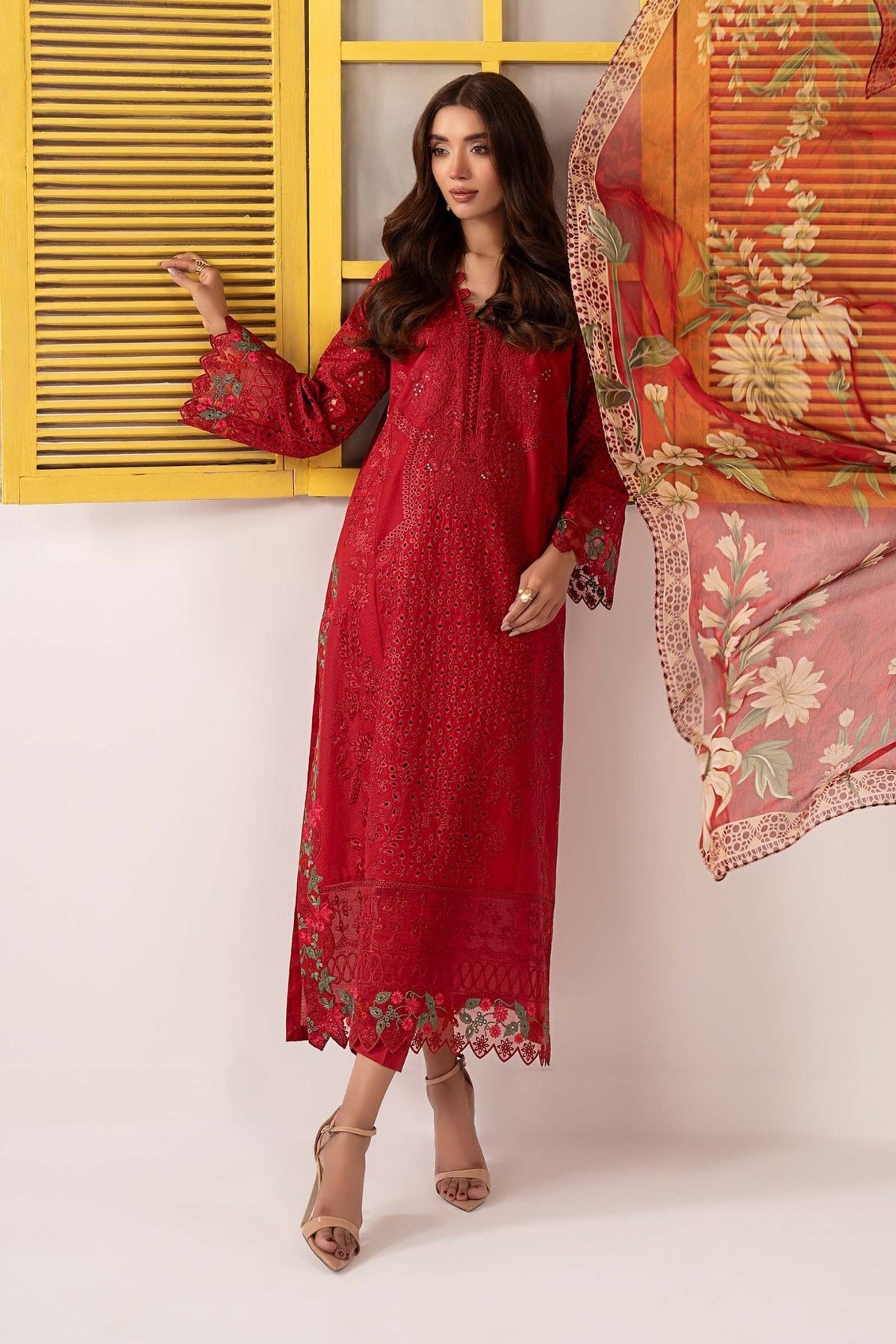 Maria B | RTW | 3 Piece Embroidered Dobby Lawn Suit-Brand:Maria B-Type:Luxury Pret-Red - House of Maryam- Buy in UK, USA