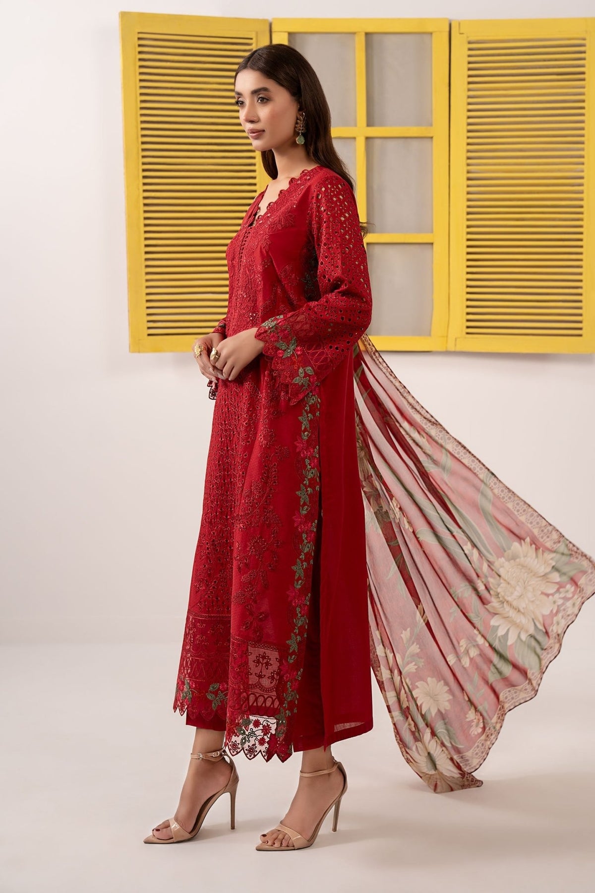 Maria B | RTW | 3 Piece Embroidered Dobby Lawn Suit-Brand:Maria B-Type:Luxury Pret-Red - House of Maryam- Buy in UK, USA