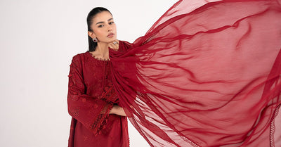Maria B | RTW | 3 Piece Embroidered Dobby Lawn Suit-Brand:Maria B-Type:Luxury Pret-Red - House of Maryam- Buy in UK, USA