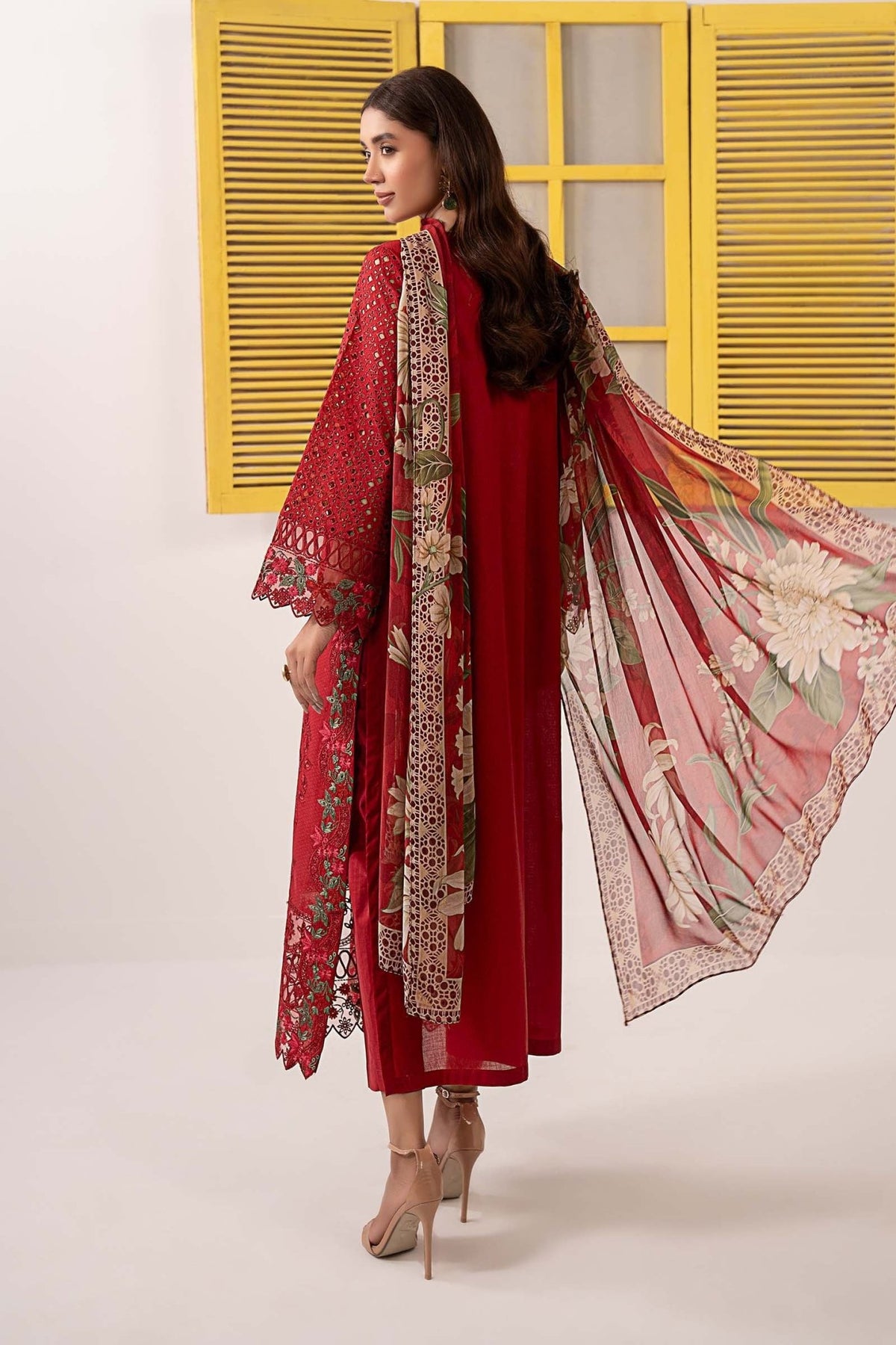 Maria B | RTW | 3 Piece Embroidered Dobby Lawn Suit-Brand:Maria B-Type:Luxury Pret-Red - House of Maryam- Buy in UK, USA