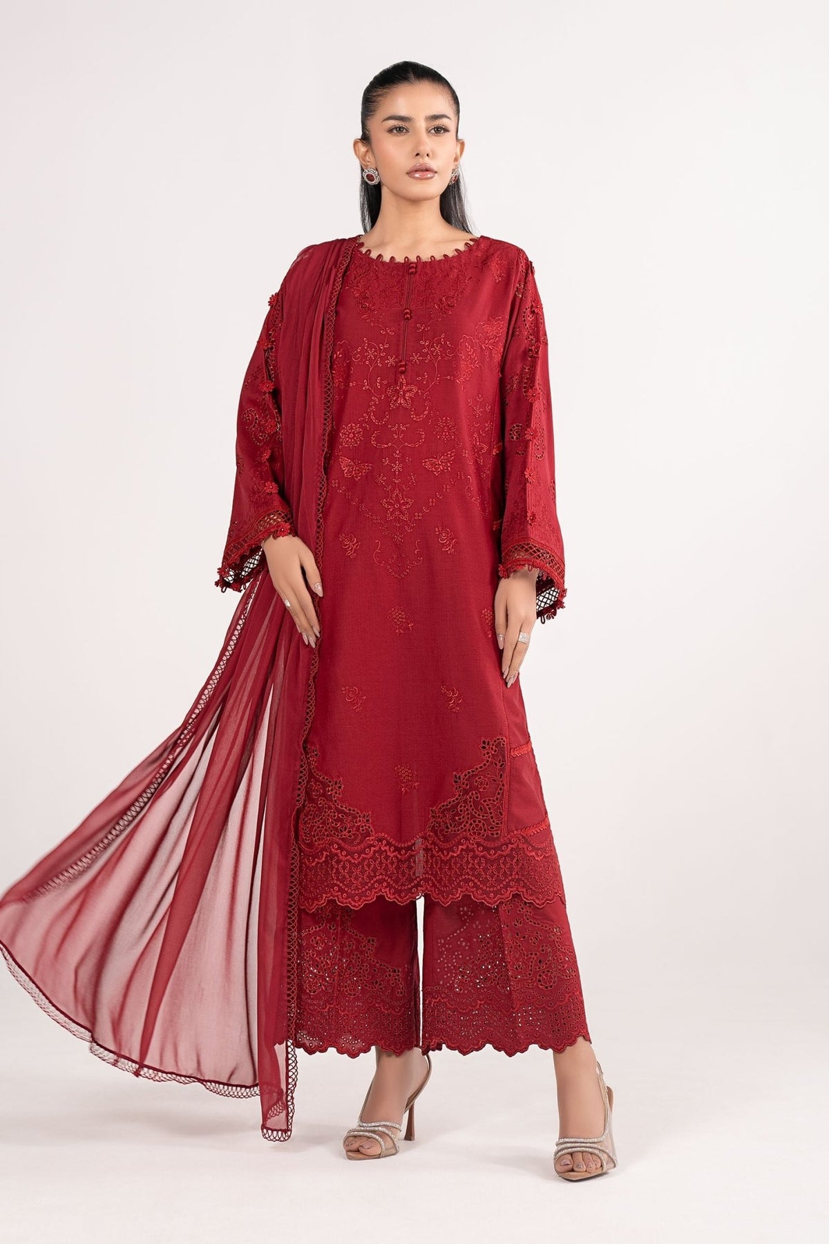 Maria B | RTW | 3 Piece Embroidered Dobby Lawn Suit-Brand:Maria B-Type:Luxury Pret-Red - House of Maryam- Buy in UK, USA