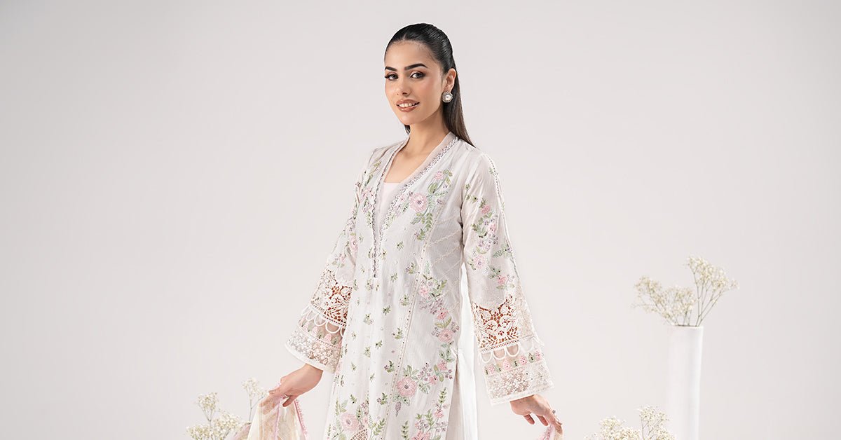 Maria B | RTW | 3 Piece Embroidered Dobby Lawn Suit-Brand:Maria B-Type:Luxury Pret-White - House of Maryam- Buy in UK, USA