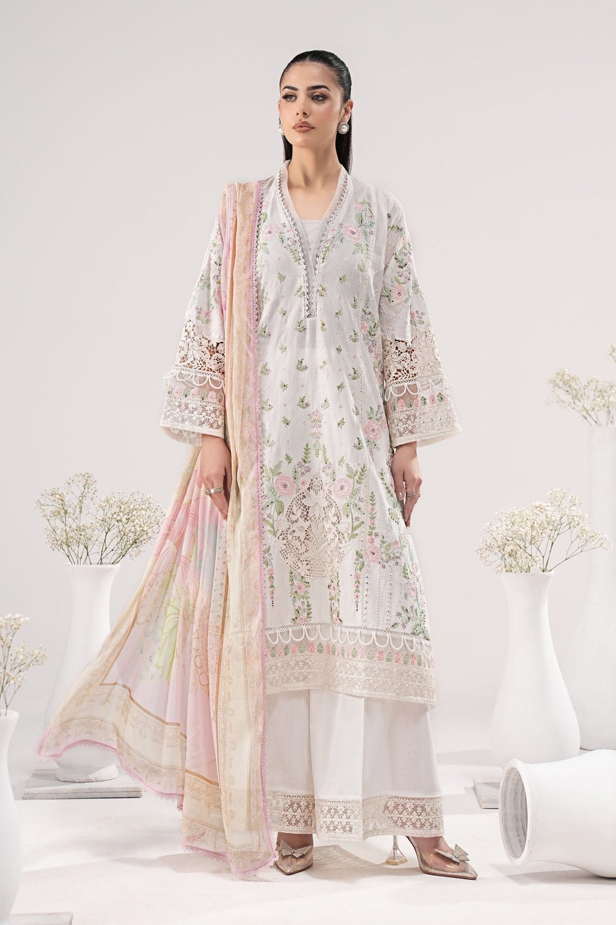 Maria B | RTW | 3 Piece Embroidered Dobby Lawn Suit-Brand:Maria B-Type:Luxury Pret-White - House of Maryam- Buy in UK, USA