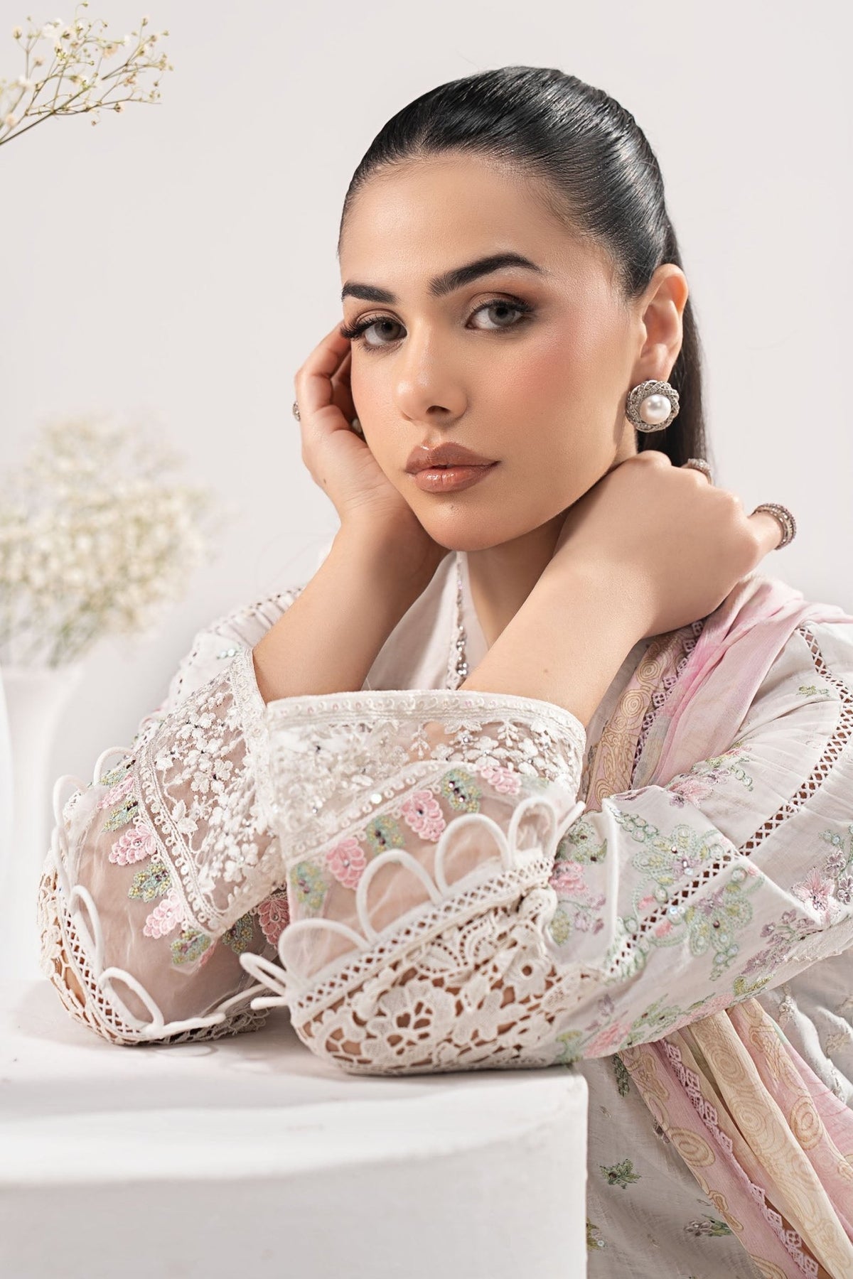 Maria B | RTW | 3 Piece Embroidered Dobby Lawn Suit-Brand:Maria B-Type:Luxury Pret-White - House of Maryam- Buy in UK, USA