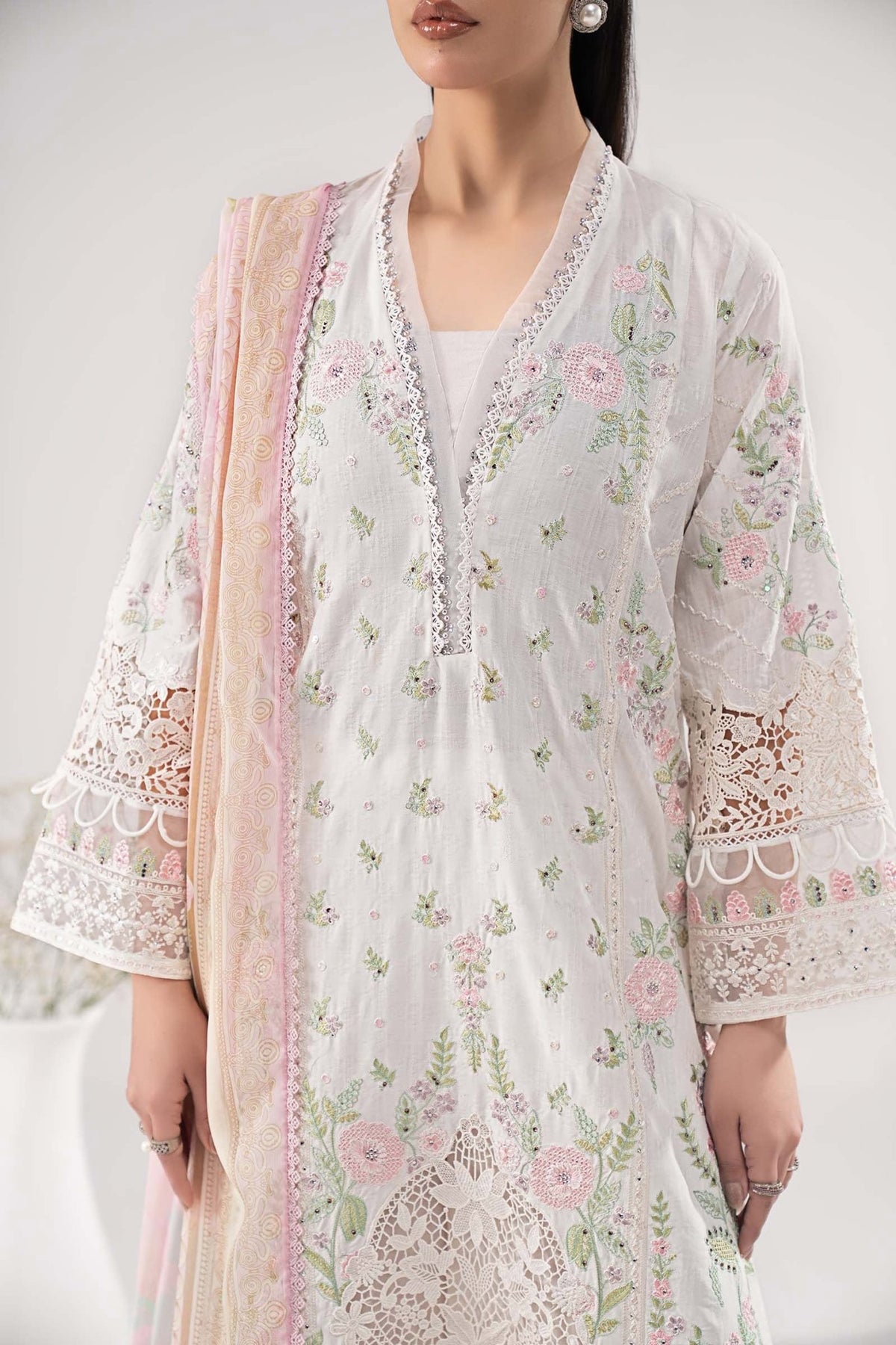 Maria B | RTW | 3 Piece Embroidered Dobby Lawn Suit-Brand:Maria B-Type:Luxury Pret-White - House of Maryam- Buy in UK, USA