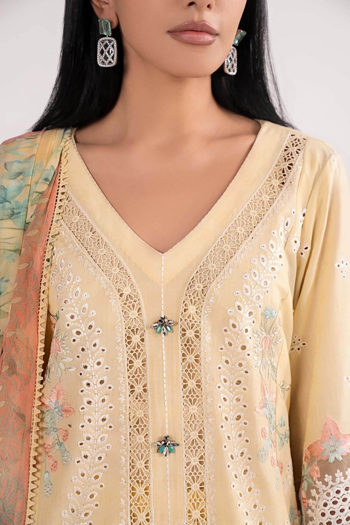 Maria B | RTW | 3 Piece Embroidered Dobby Lawn Suit-Brand:Maria B-Type:Luxury Pret-Yellow - House of Maryam- Buy in UK, USA