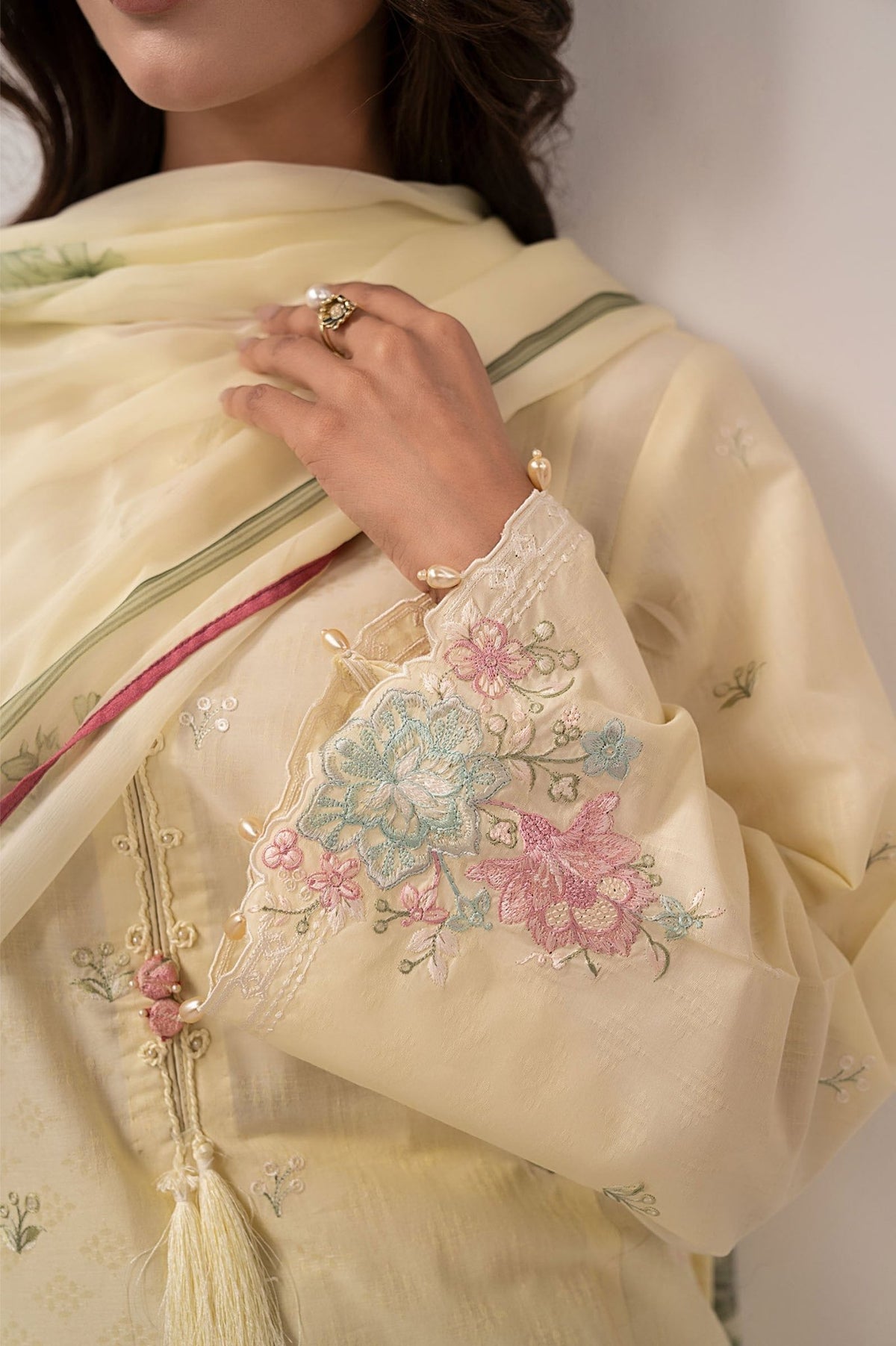 Maria B | RTW | 3 Piece Embroidered Dobby Lawn Suit-Brand:Maria B-Type:Luxury Pret-Yellow - House of Maryam- Buy in UK, USA