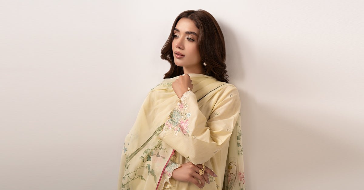 Maria B | RTW | 3 Piece Embroidered Dobby Lawn Suit-Brand:Maria B-Type:Luxury Pret-Yellow - House of Maryam- Buy in UK, USA