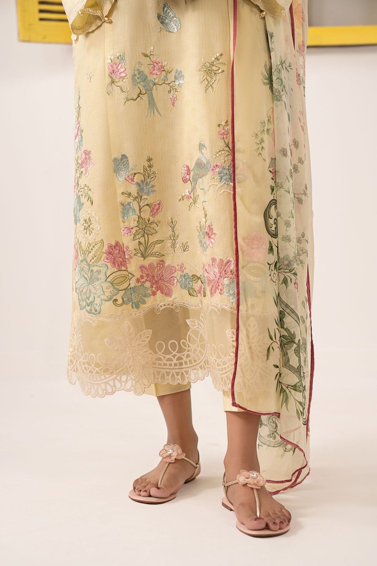 Maria B | RTW | 3 Piece Embroidered Dobby Lawn Suit-Brand:Maria B-Type:Luxury Pret-Yellow - House of Maryam- Buy in UK, USA