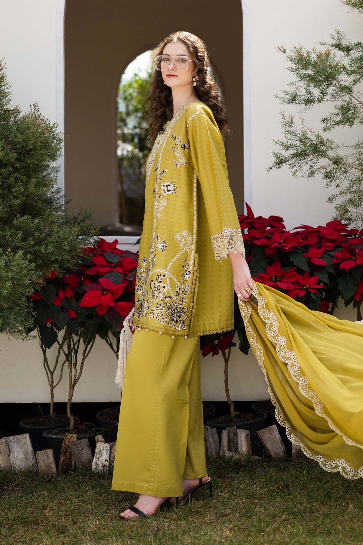 Maria B | RTW | 3 Piece Embroidered Dobby Lawn Suit-Brand:Maria B-Type:Luxury Pret-Yellow - House of Maryam- Buy in UK, USA