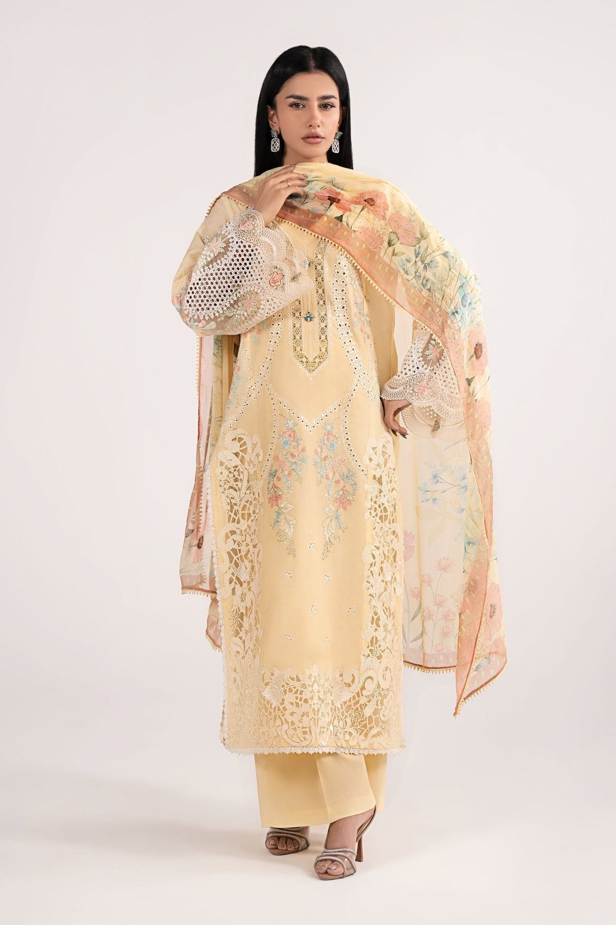 Maria B | RTW | 3 Piece Embroidered Dobby Lawn Suit-Brand:Maria B-Type:Luxury Pret-Yellow - House of Maryam- Buy in UK, USA