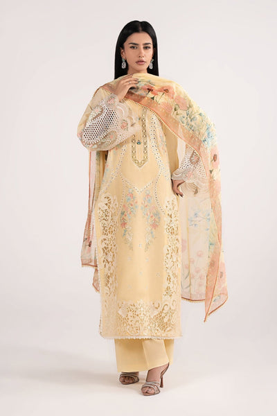Maria B | RTW | 3 Piece Embroidered Dobby Lawn Suit-Brand:Maria B-Type:Luxury Pret-Yellow - House of Maryam- Buy in UK, USA