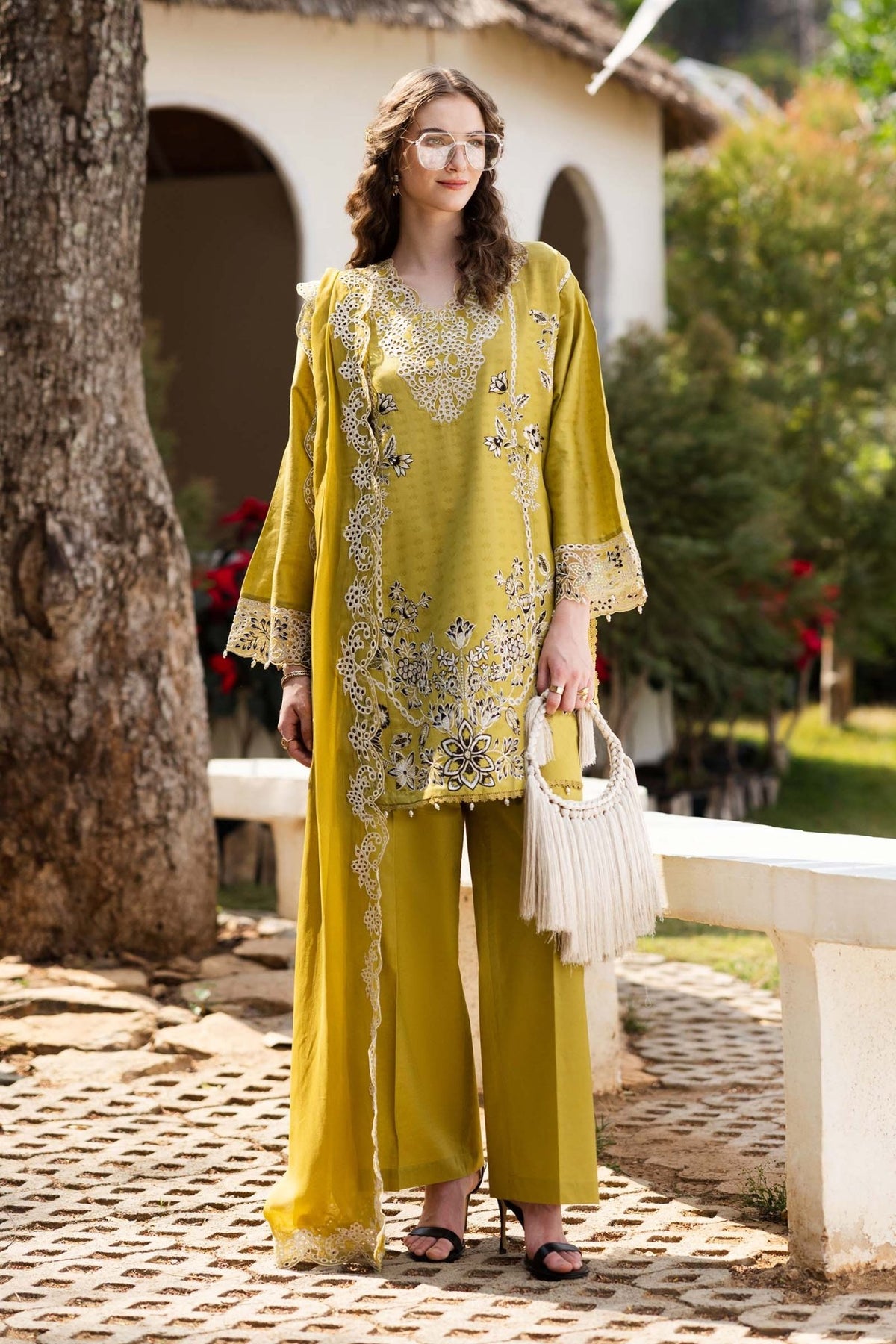 Maria B | RTW | 3 Piece Embroidered Dobby Lawn Suit-Brand:Maria B-Type:Luxury Pret-Yellow - House of Maryam- Buy in UK, USA