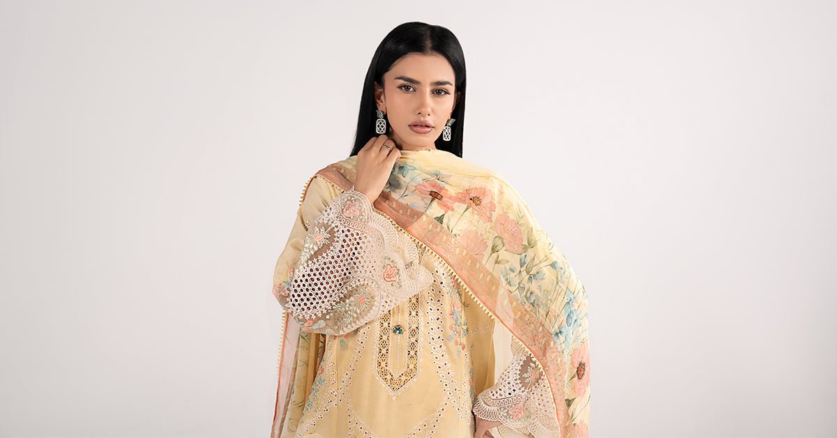 Maria B | RTW | 3 Piece Embroidered Dobby Lawn Suit-Brand:Maria B-Type:Luxury Pret-Yellow - House of Maryam- Buy in UK, USA