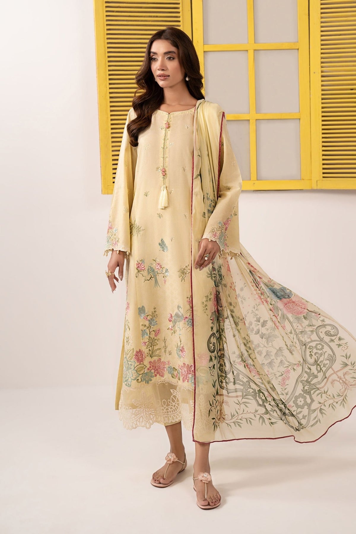 Maria B | RTW | 3 Piece Embroidered Dobby Lawn Suit-Brand:Maria B-Type:Luxury Pret-Yellow - House of Maryam- Buy in UK, USA