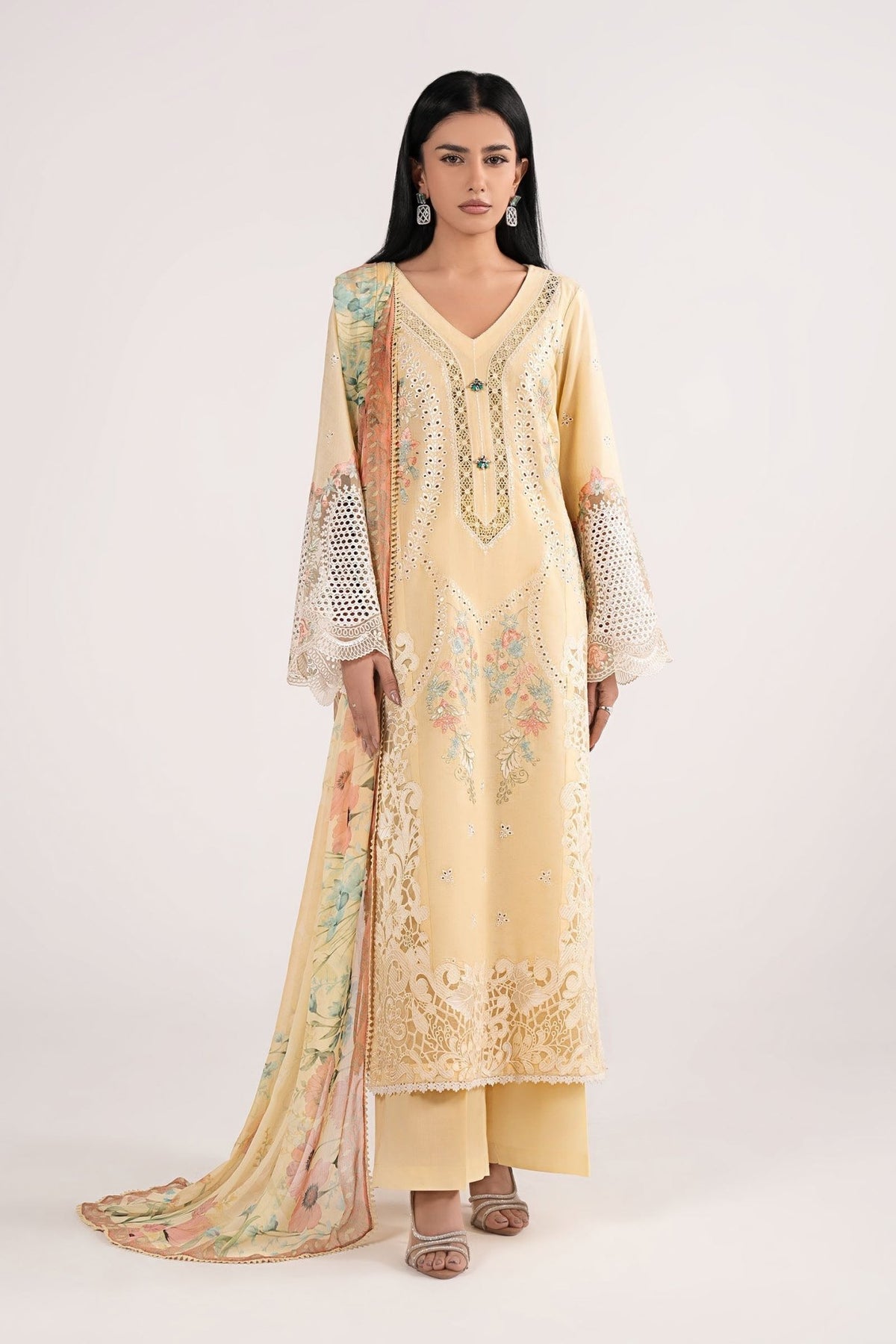 Maria B | RTW | 3 Piece Embroidered Dobby Lawn Suit-Brand:Maria B-Type:Luxury Pret-Yellow - House of Maryam- Buy in UK, USA