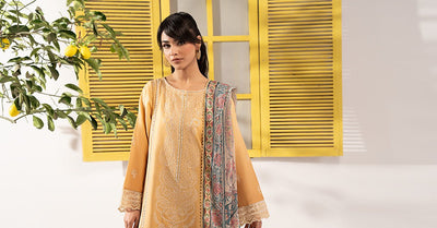 Maria B | RTW | 3 Piece Embroidered Dobby Lawn Suit-Brand:Maria B-Type:Luxury Pret-Yellow - House of Maryam- Buy in UK, USA
