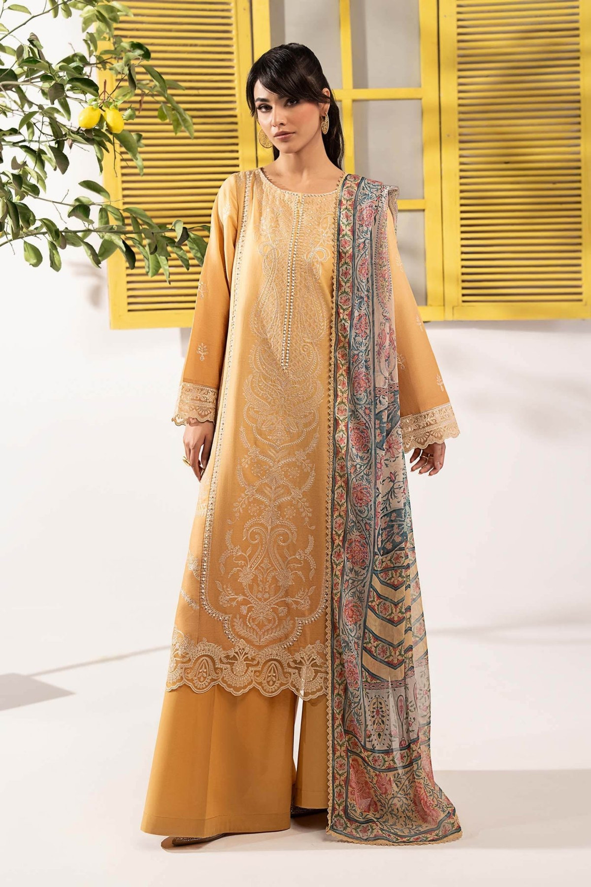 Maria B | RTW | 3 Piece Embroidered Dobby Lawn Suit-Brand:Maria B-Type:Luxury Pret-Yellow - House of Maryam- Buy in UK, USA