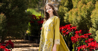Maria B | RTW | 3 Piece Embroidered Dobby Lawn Suit-Brand:Maria B-Type:Luxury Pret-Yellow - House of Maryam- Buy in UK, USA