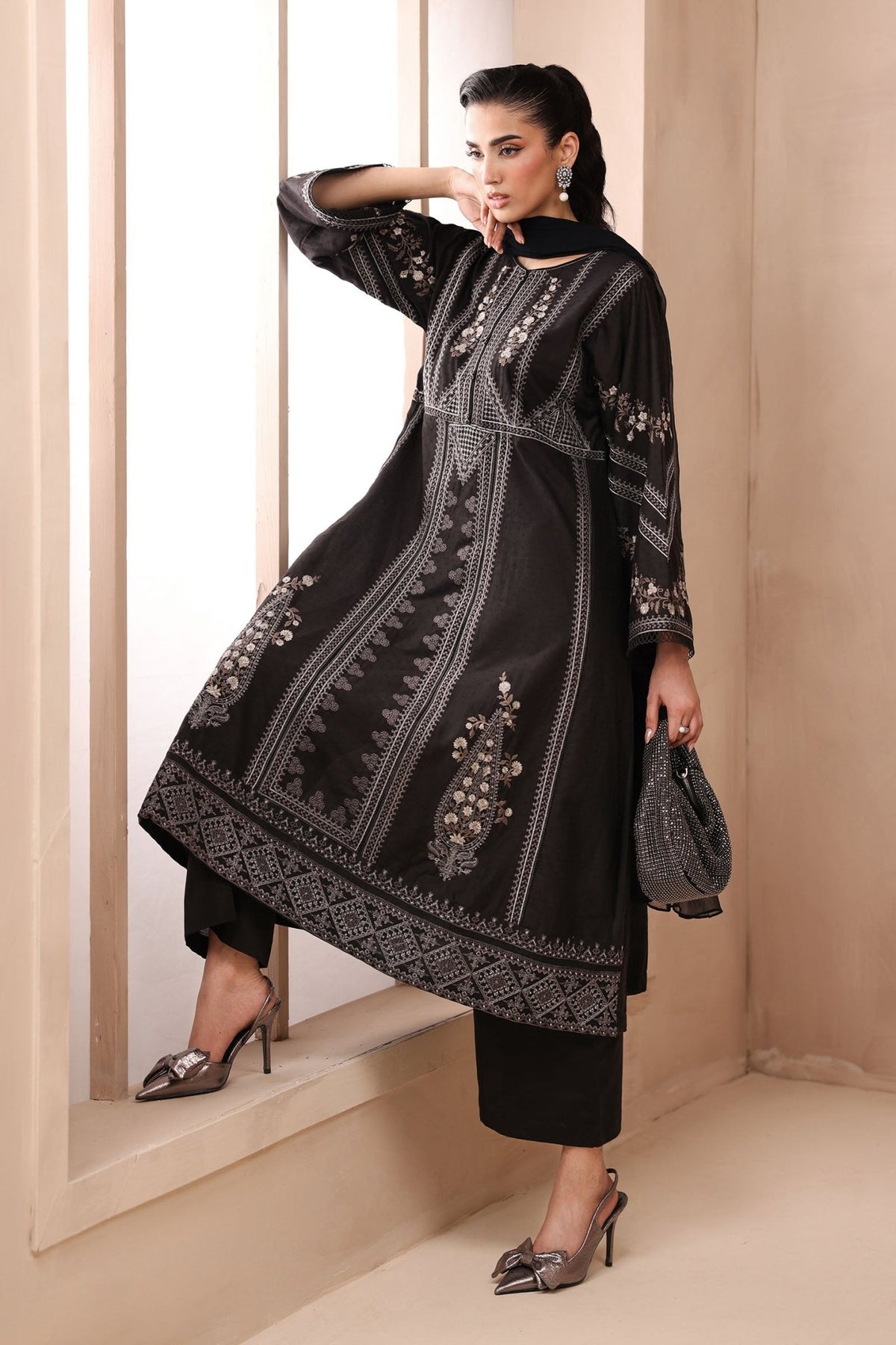 Maria B | RTW | 3 Piece Embroidered Dobby Suit-Brand:Maria B-Type:Luxury Pret-Black - House of Maryam- Buy in UK, USA