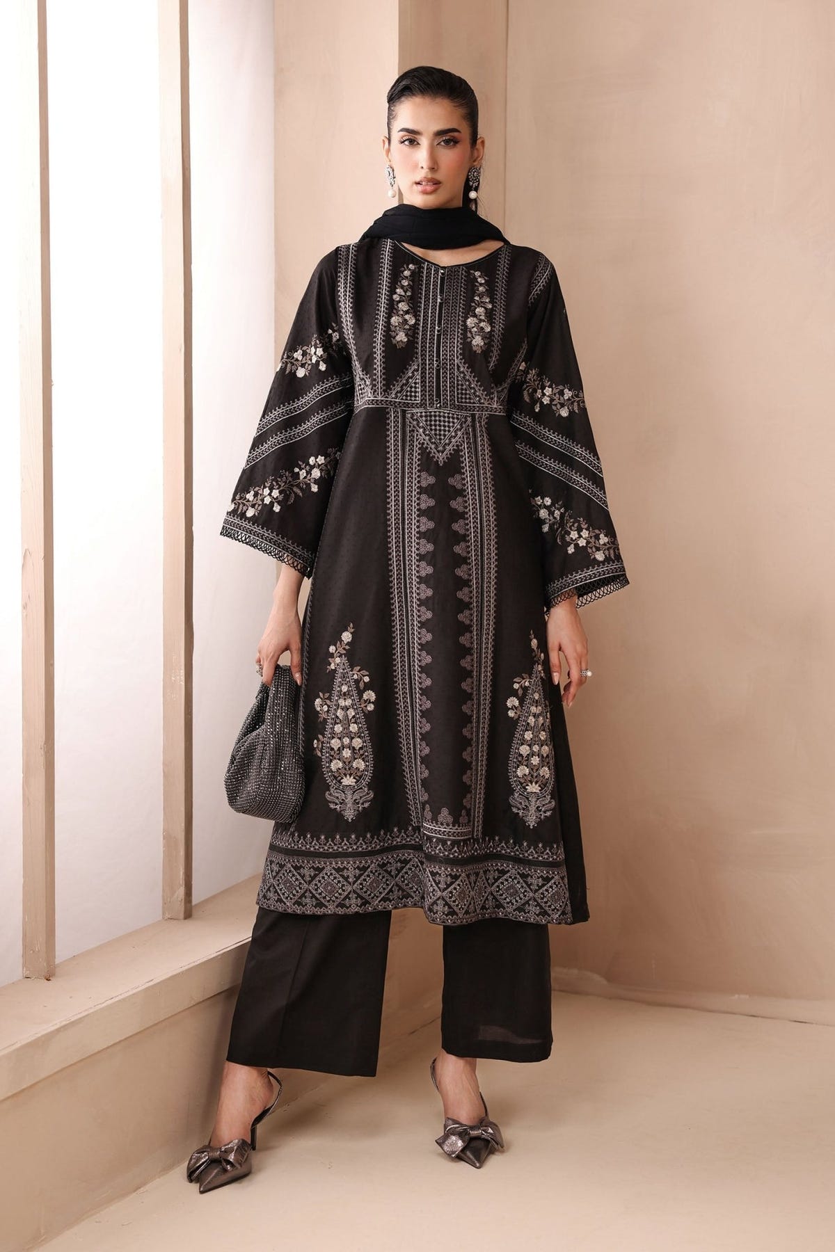 Maria B | RTW | 3 Piece Embroidered Dobby Suit-Brand:Maria B-Type:Luxury Pret-Black - House of Maryam- Buy in UK, USA