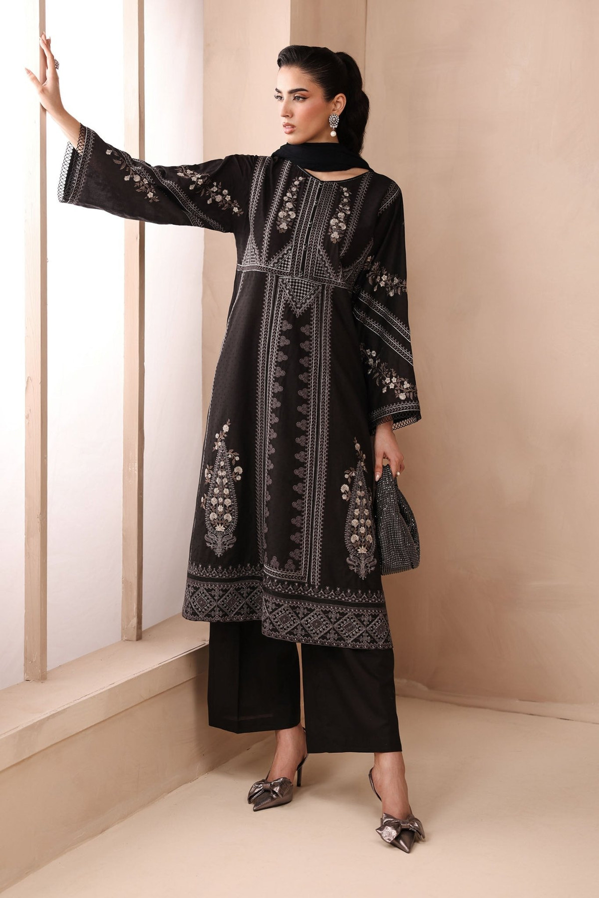 Maria B | RTW | 3 Piece Embroidered Dobby Suit-Brand:Maria B-Type:Luxury Pret-Black - House of Maryam- Buy in UK, USA