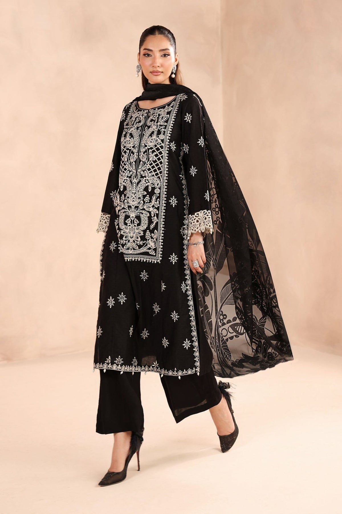 Maria B | RTW | 3 Piece Embroidered Dobby Suit-Brand:Maria B-Type:Luxury Pret-Black - House of Maryam- Buy in UK, USA