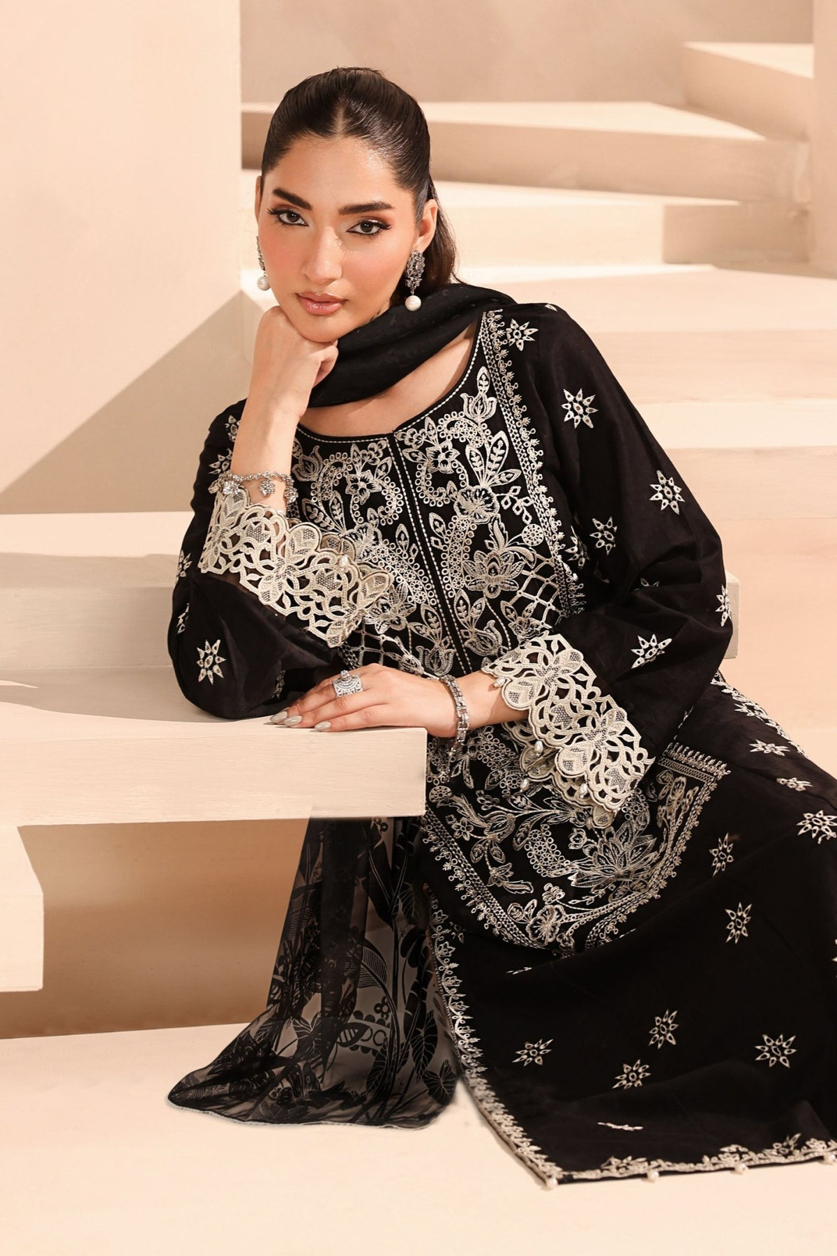 Maria B | RTW | 3 Piece Embroidered Dobby Suit-Brand:Maria B-Type:Luxury Pret-Black - House of Maryam- Buy in UK, USA